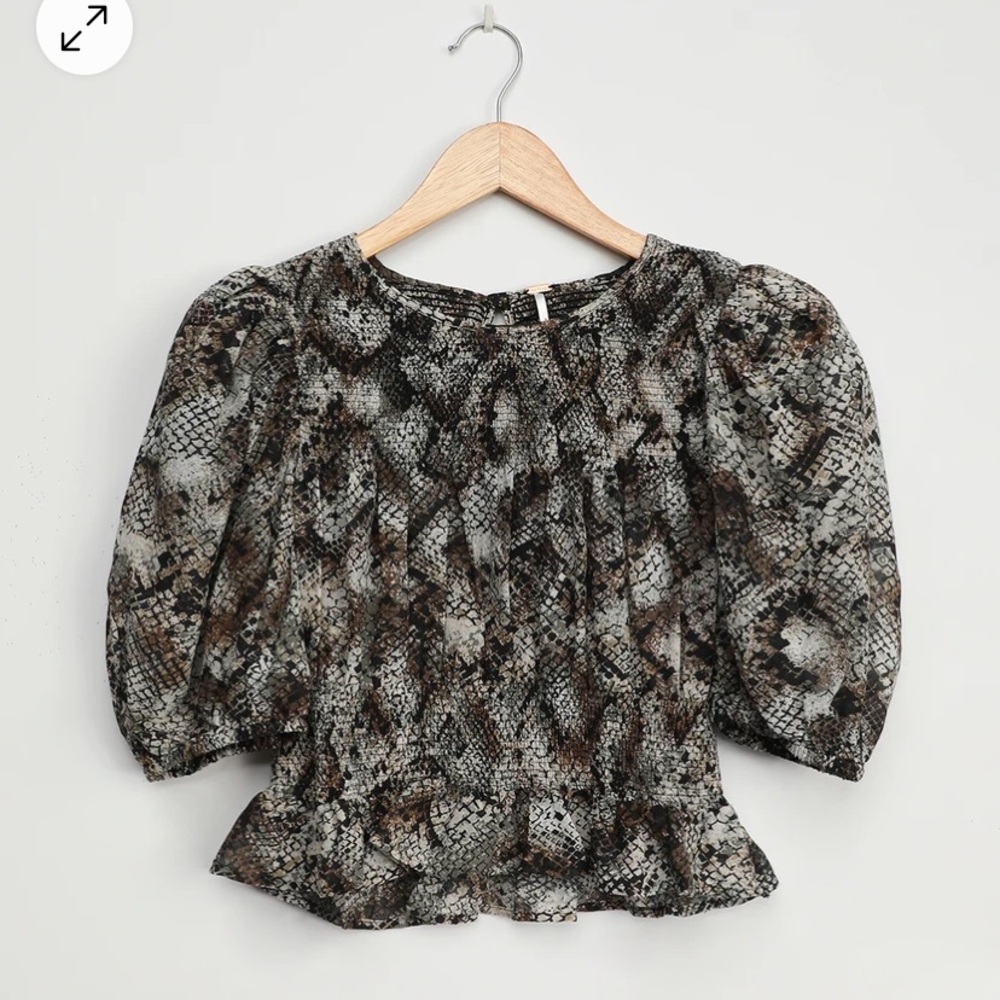Free People Grey Snake Print Smocked Puff Sleeve Top